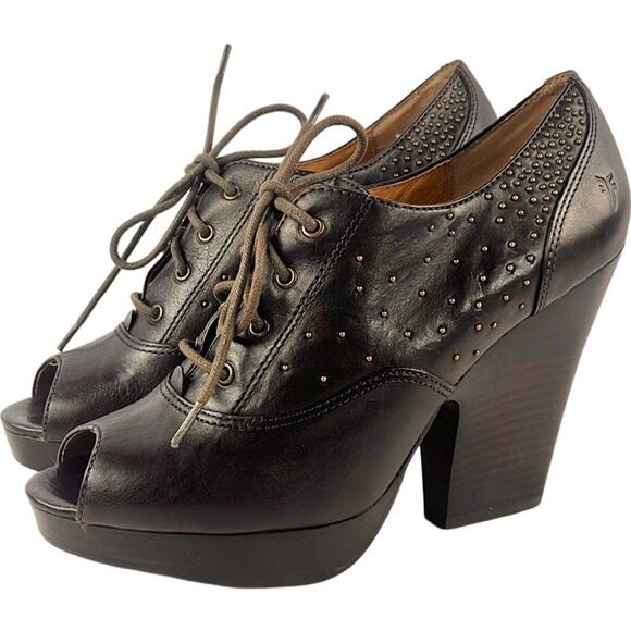 Frye Chelsea Studded Peep-Toe Platform Leather Brown Oxfords Size 8.5 - Picture 1 of 10